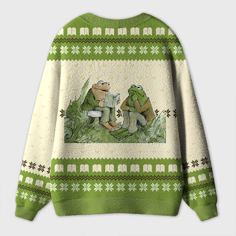 Frog And Friends Reading Book Teacher Ugly Cardigan Sweaters