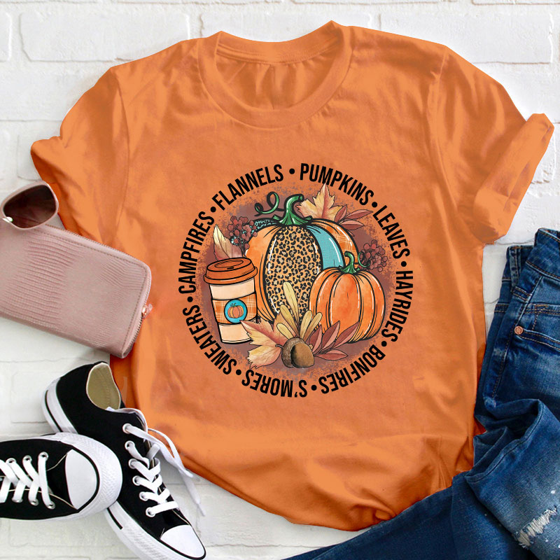 Pumpkin Leaves Hayrides Teacher T-Shirt