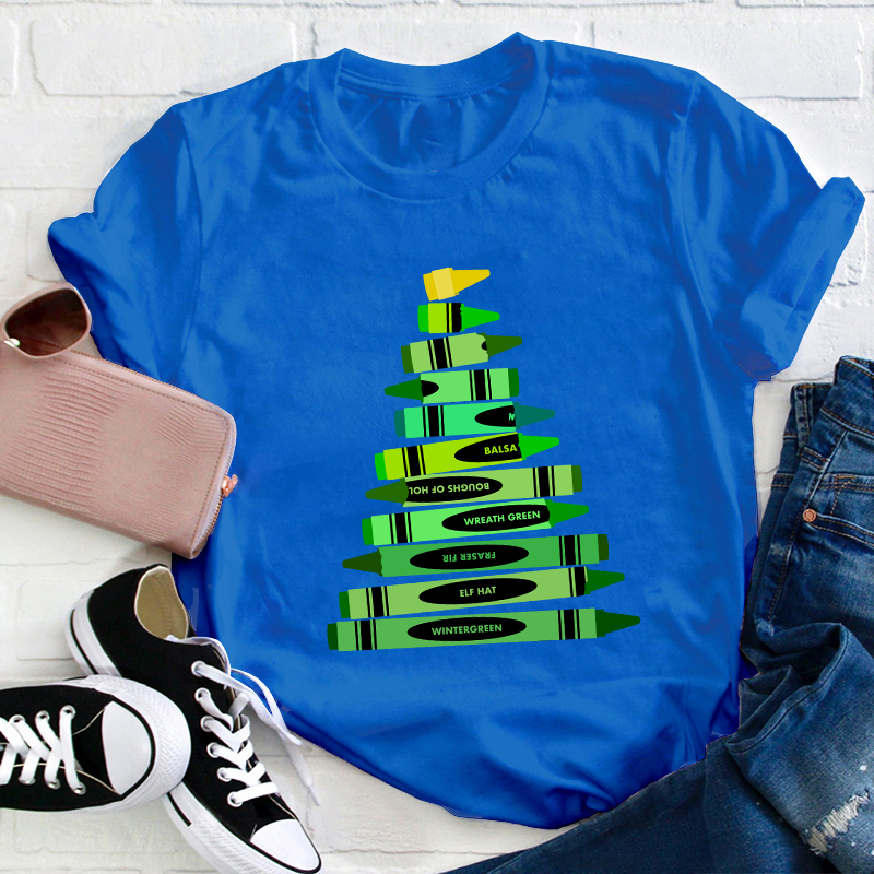 Green Crayon Christmas Tree Teacher T-Shirt