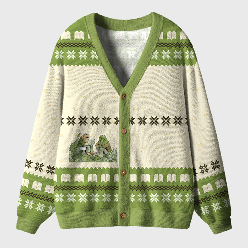 Frog And Friends Reading Book Teacher Ugly Cardigan Sweaters