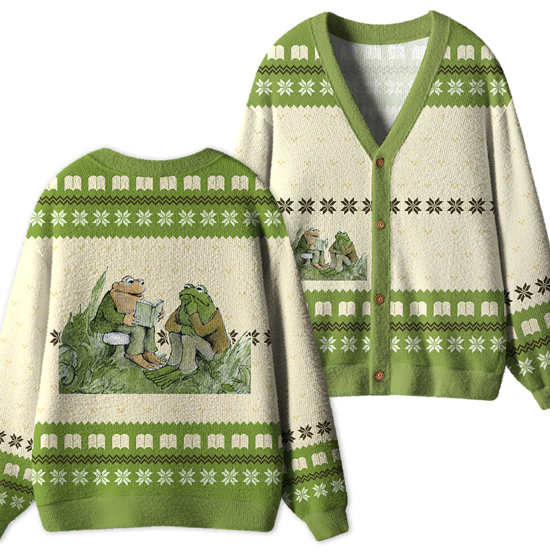 Frog And Friends Reading Book Teacher Ugly Cardigan Sweaters