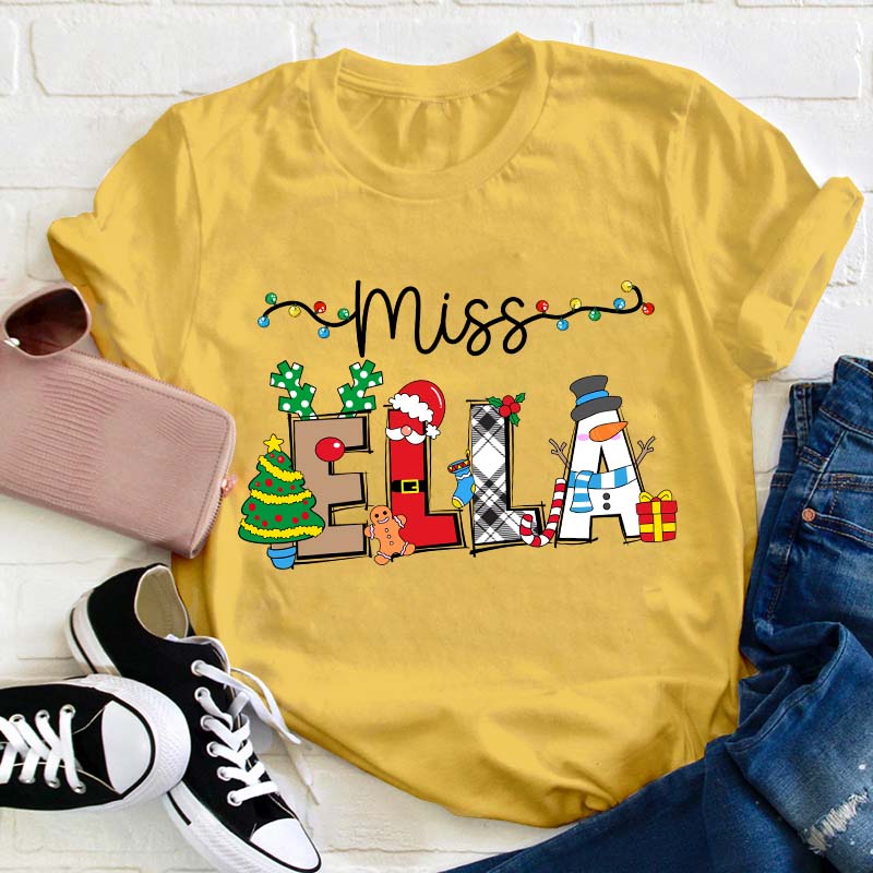 Personalized Name Cute Christmas Elements Teacher T-Shirt