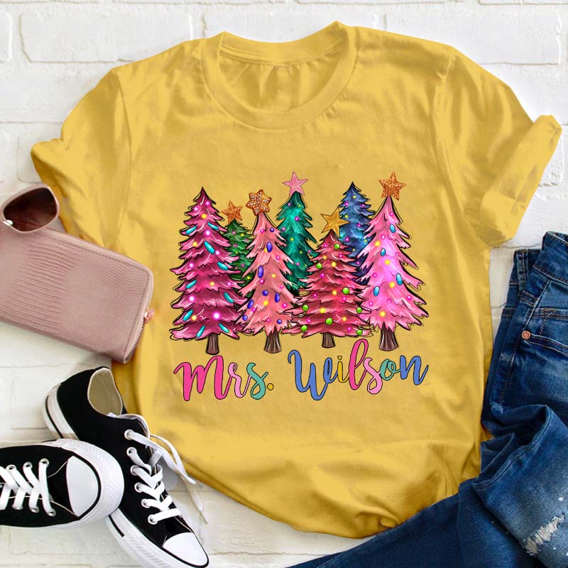 Personalized Name Colorful Christmas Trees Teacher T-Shirt