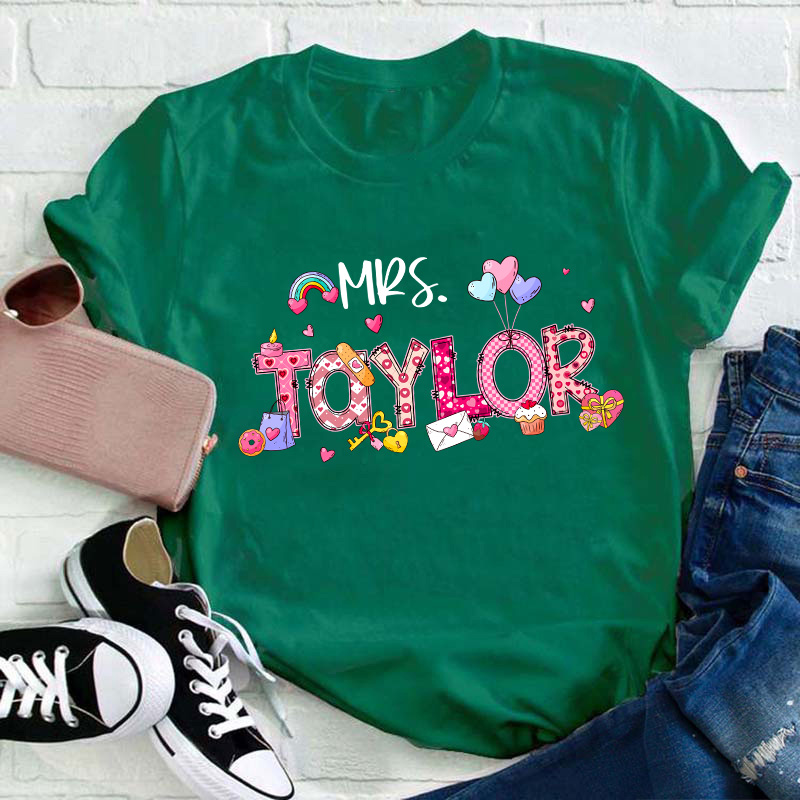 Personalized Pink Love Valentine Teacher T-Shirt