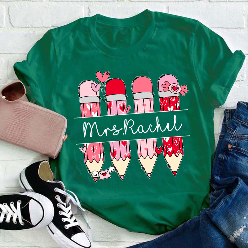 Personalized Pink Pencil Name Teacher T-Shirt