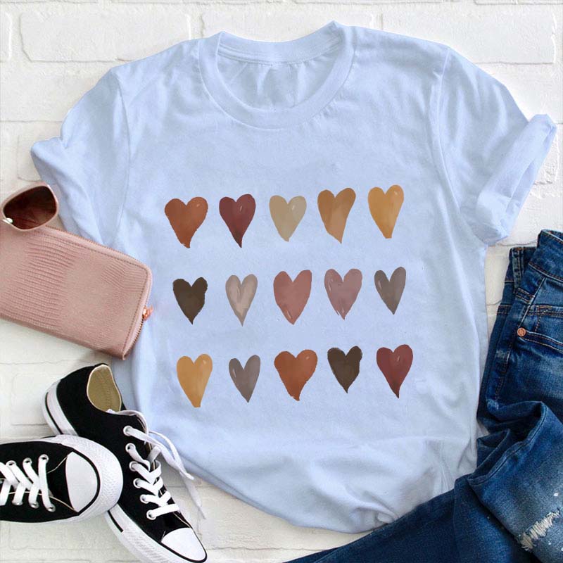 Skin Tone Kindness Watercolor Hearts Teacher T-Shirt