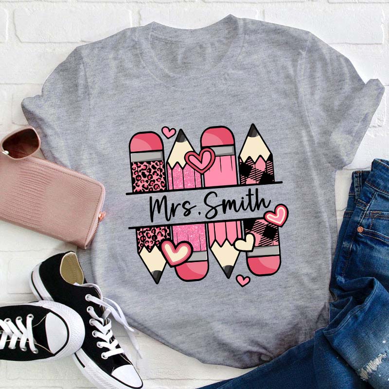 Personalized Name Pink Pencil Teacher T-Shirt