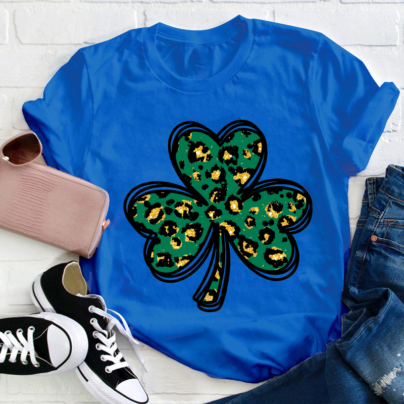 Leopard Glitter Shamrock Teacher T-Shirt
