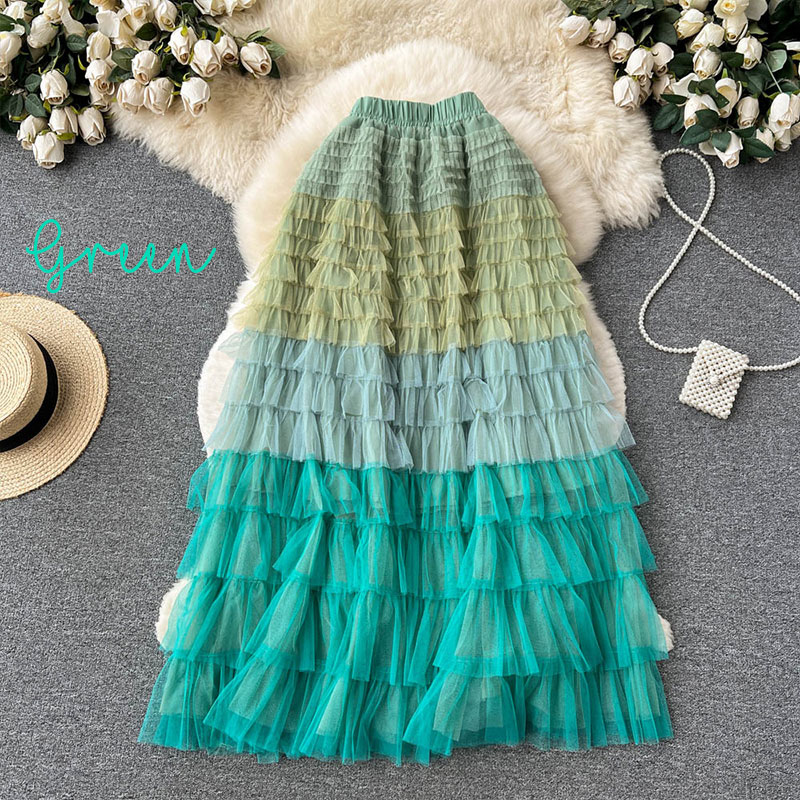 Gradient Color Irregular Mesh Long Cake Skirt Dress Sale