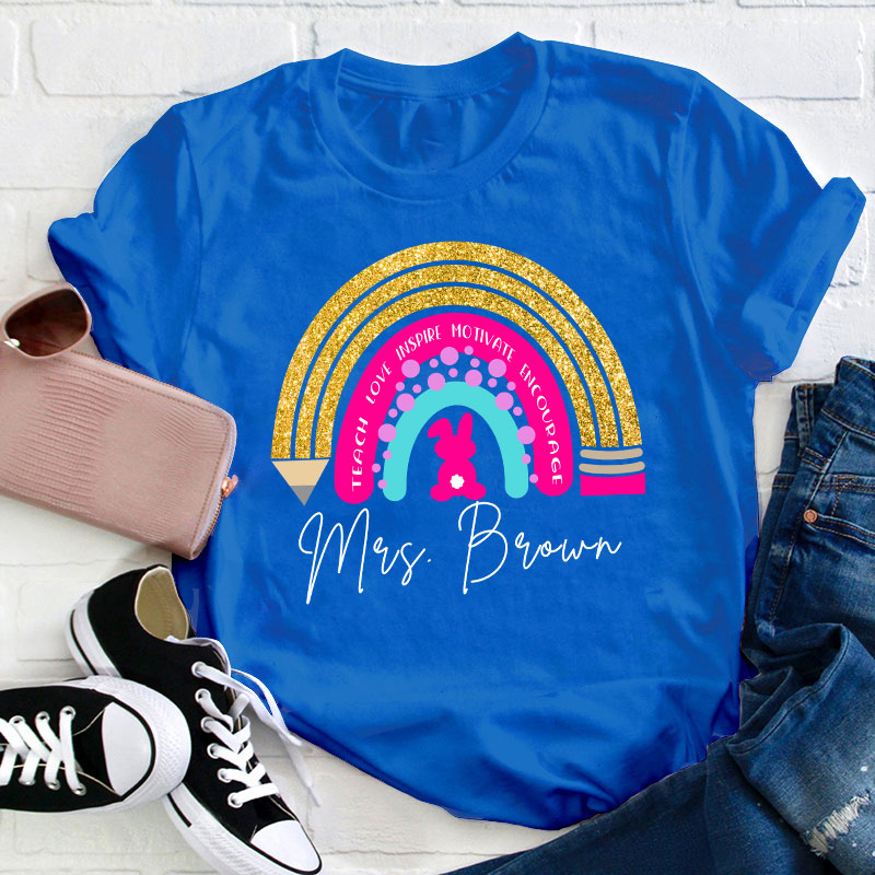 Personalized Name Easter Bunny Rainbow Teacher T-Shirt