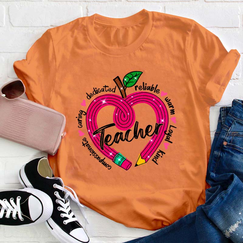 Glitter Apple Pencil Heart Teacher T-Shirt