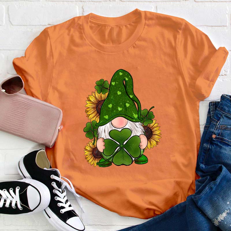 St. Patricks Day Gnome With Sunflowers Teacher T-Shirt