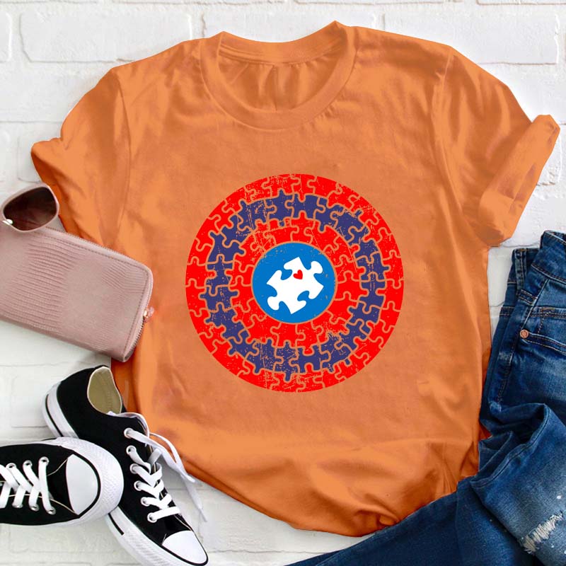Superhero Shield Autism Puzzle Teacher T-Shirt