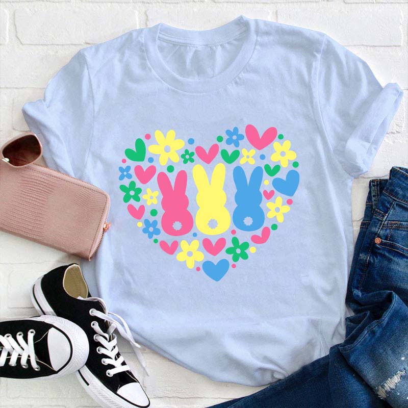 Floral Bunnies Heart Teacher T-Shirt
