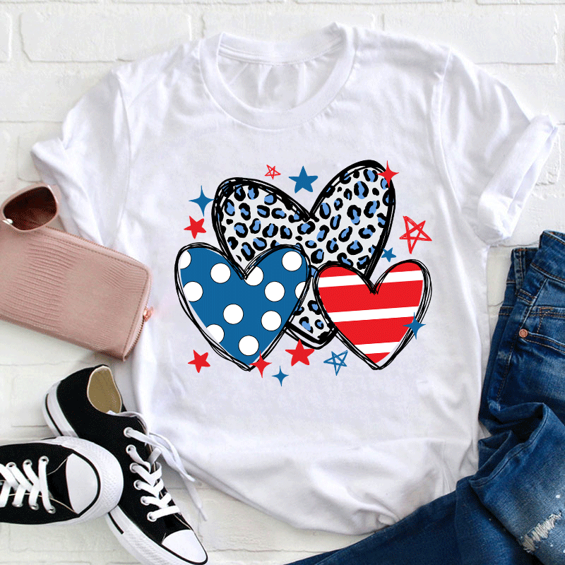 American Hearts Leopard Print Teacher T-Shirt