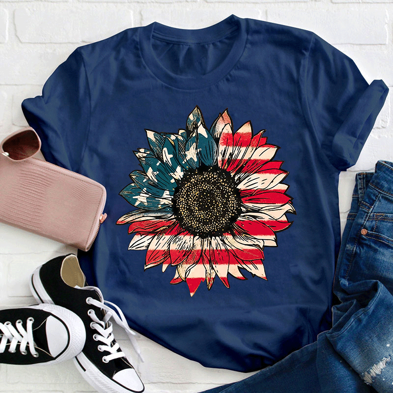 Vintage Flag Sunflower Teacher T-Shirt