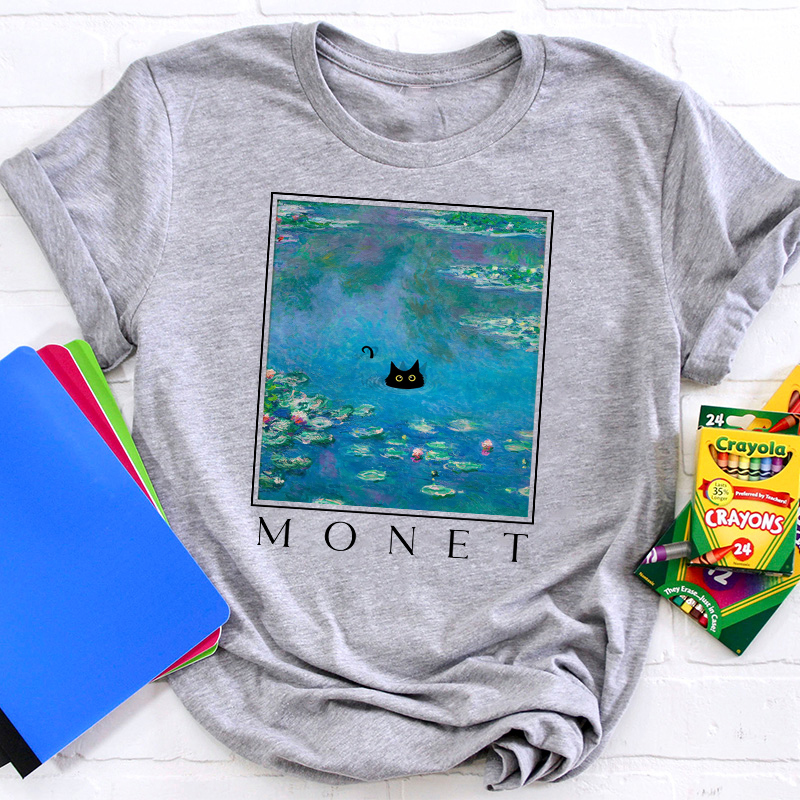 Monet Waterlily Cat Teacher T-Shirt