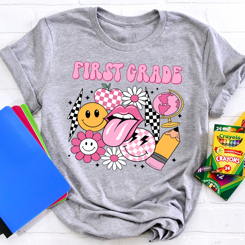 Personalized Pink Checkerboard And Smiley Face Grade Teacher T-Shirt