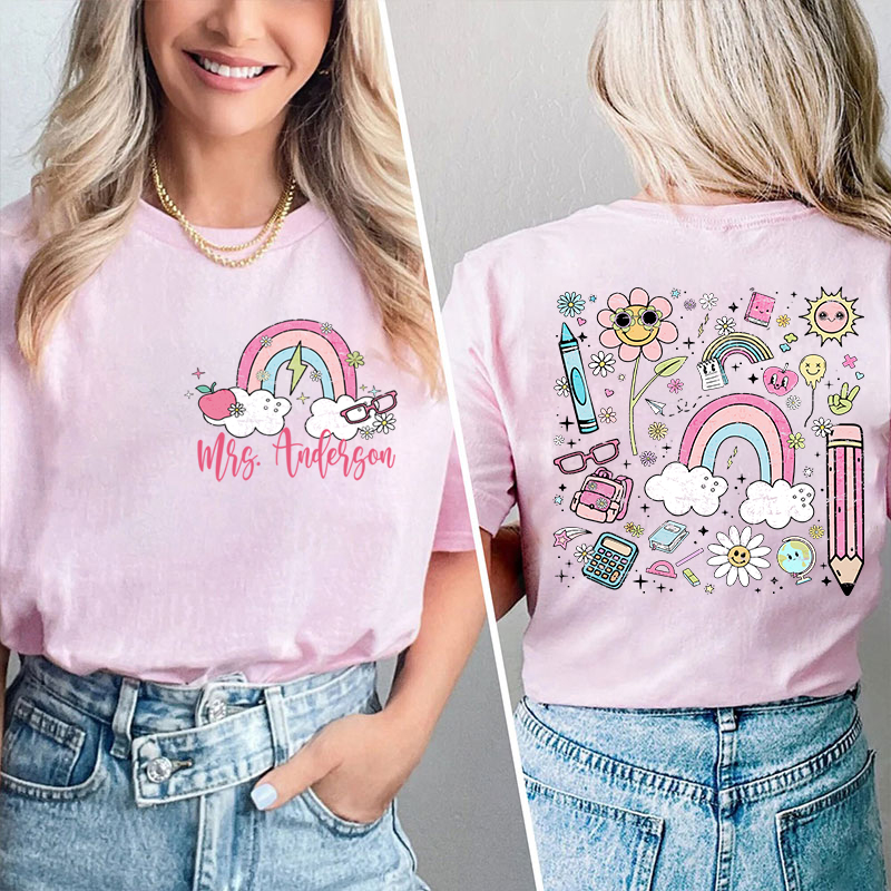 Personalized Pink Rainbow Cute Icon Teacher Two Sided T-Shirt