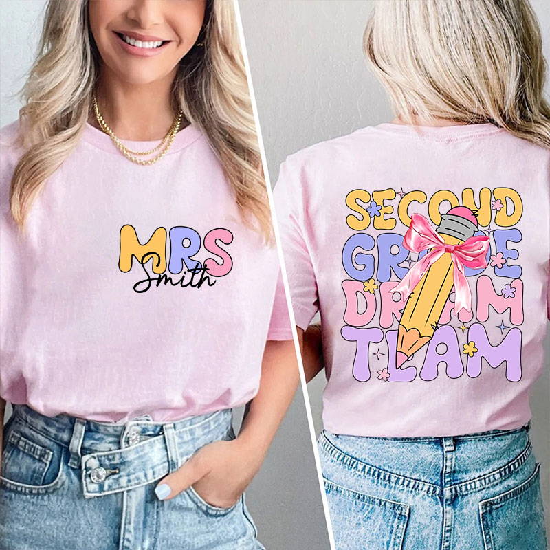 Personalized Teacher's Name And Grade Bow Pencil Print Teacher Two Sided T-Shirt