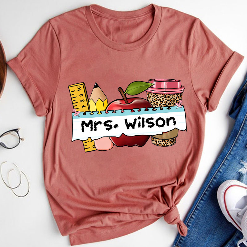 Personalized Name Apple Coffee School Supplies Teacher T-Shirt