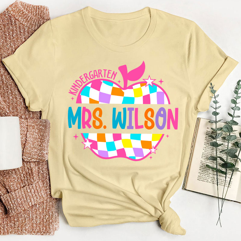 Personalized Colorful Checkerboard Hollow Apple Teacher T-Shirt