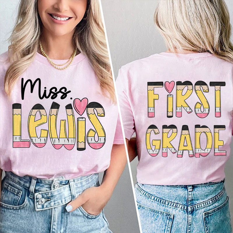 Personalized Teacher's Name And Grade Cartoon Pencil Font Design Teacher Two Sided T-Shirt Sale-Teachersgram