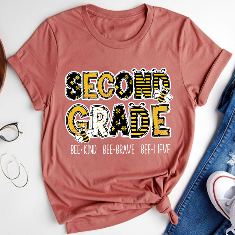 Personalized Grade Funny Bee Font Design Teacher T-Shirt