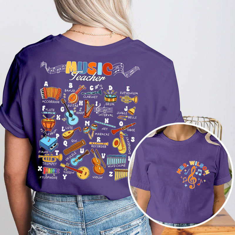 Personalized Music Teacher's Name Musical Instrument Icons Teacher Two Sided T-Shirt