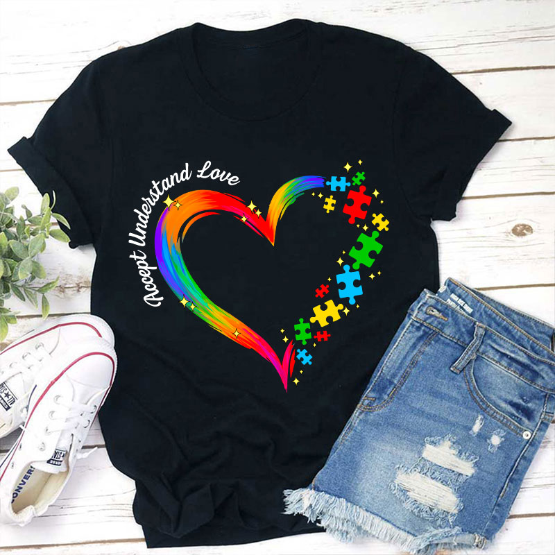 Rainbow Heart Accept Understand Love Teacher T-Shirt Sale-Teachersgram
