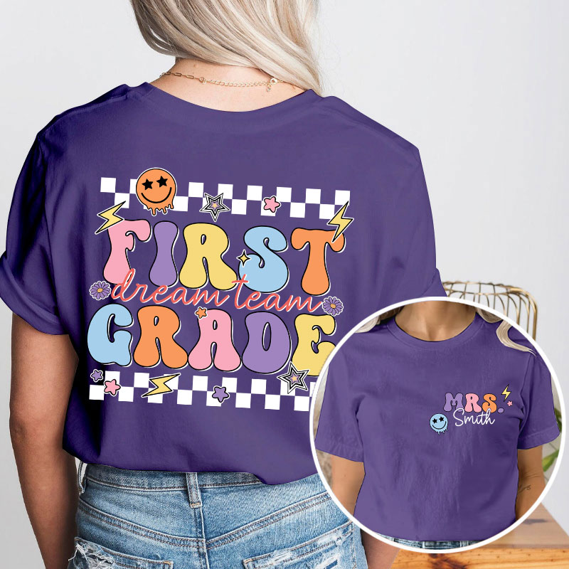 Personalized Teacher's Name And Grade Smiley Face Print Teacher Two Sided T-Shirt