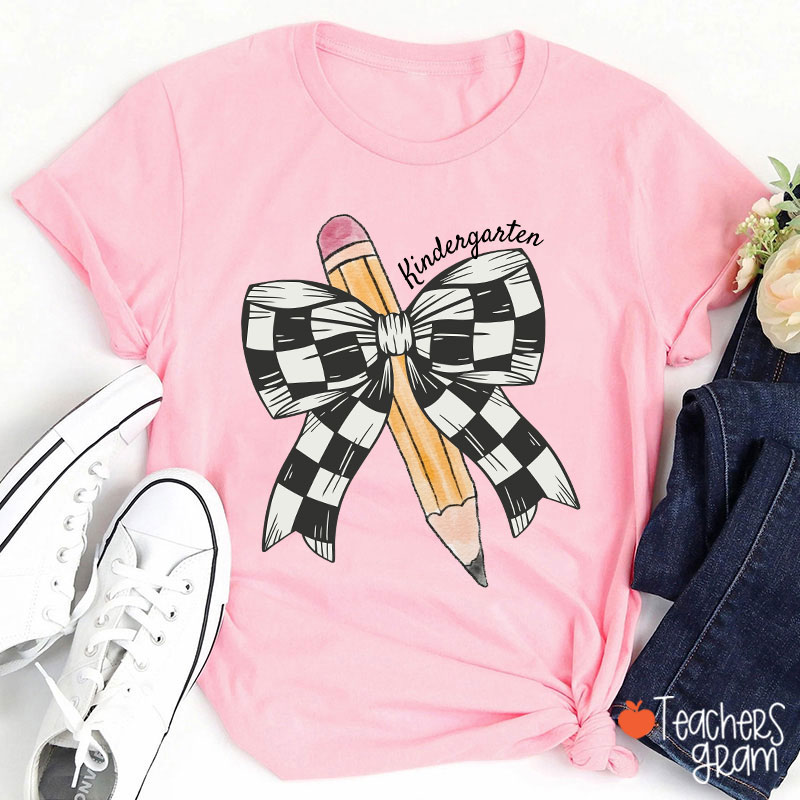 Personalized Grade Checkered Bow Pencil Teacher T-Shirt