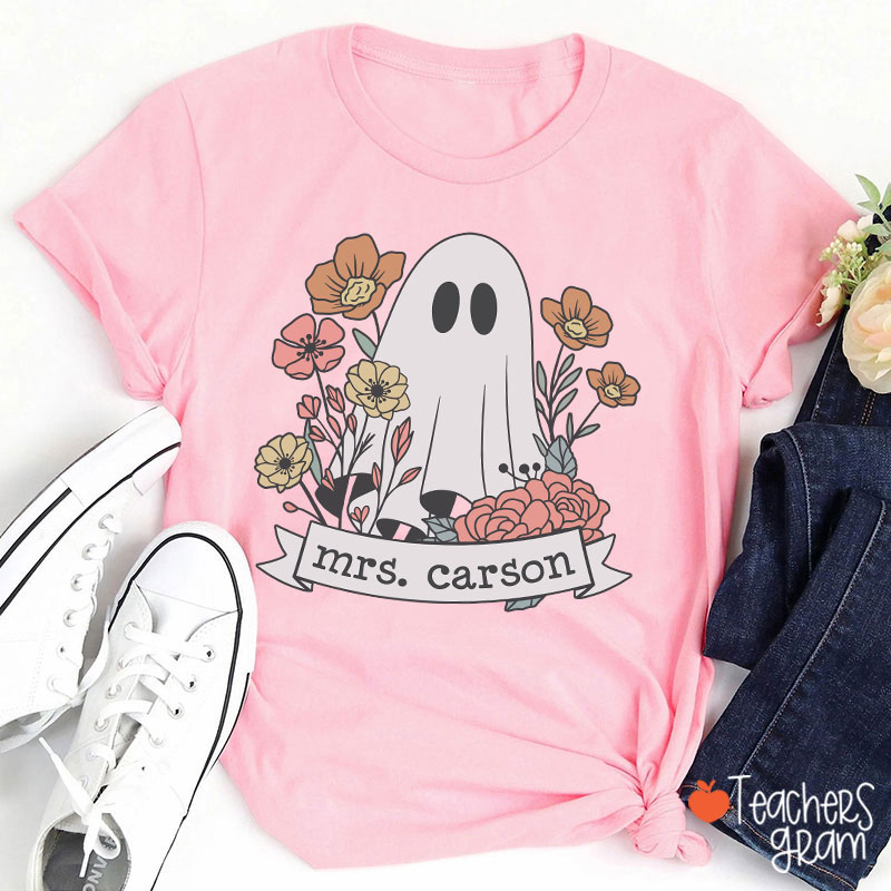 Personalized Name Floral Ghost Teacher T-Shirt