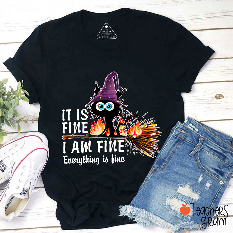 It Is Fine I Am Fine Everything Is Fine Halloween Broom Cat Teacher T-Shirt