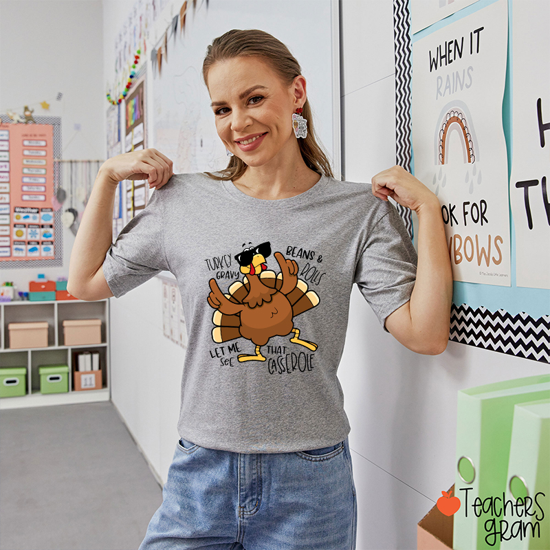 Turkey Gravy Beans Rolls Thanksgiving Teacher T-Shirt