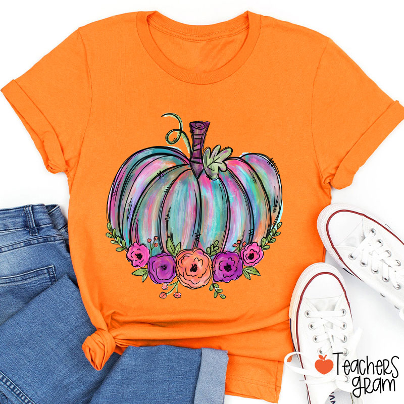 Colorful Pumpkin Watercolor Pumpkin Teacher T-Shirt