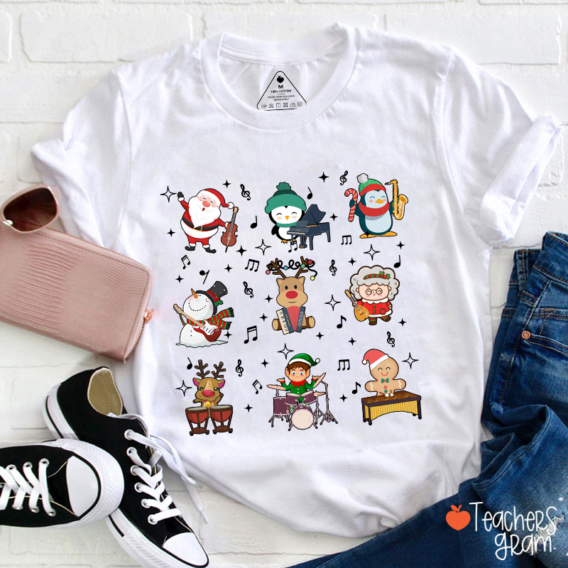 Cute Christmas Cartoons Playing Musical Instruments TeacherT-Shirt
