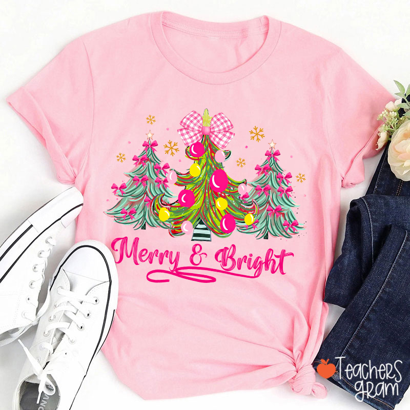 Fantasy Bow Christmas Tree Merry And Bright Christmas Teacher T-Shirt
