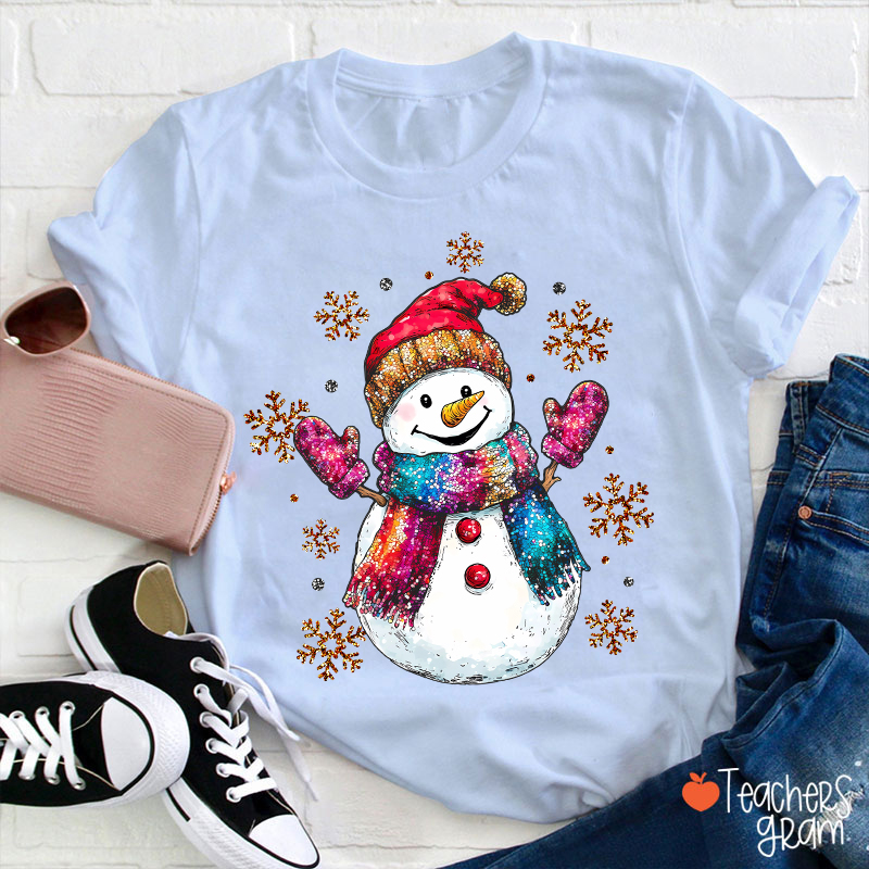 Colorful Scarves Snowman Teacher T-Shirt