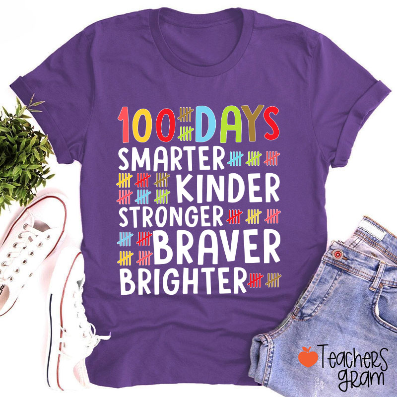 100 Days Smarter Kinder Stronger Braver Brighter Teacher T-Shirt