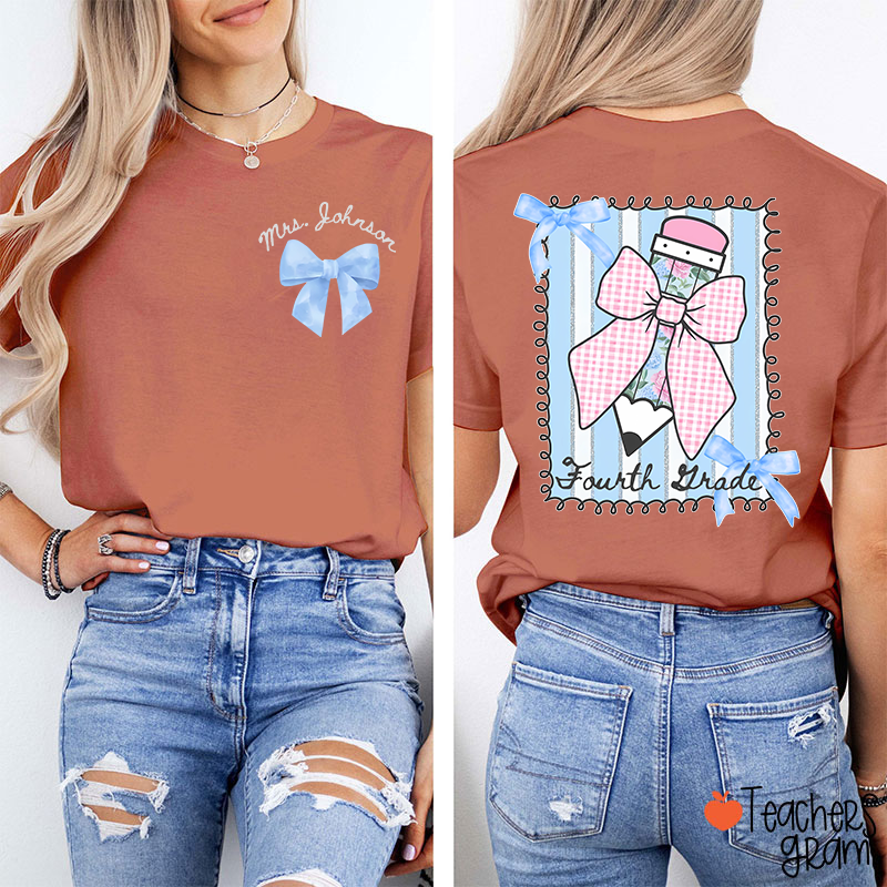 Personalized Grade And Name Flower Pencil Checkered Bow Teacher Two Sided T-Shirt