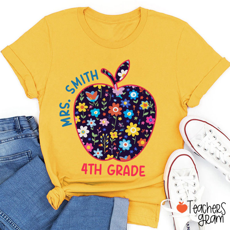 Personalized Grade And Name Blue And White Porcelain Apple Teacher T-Shirt