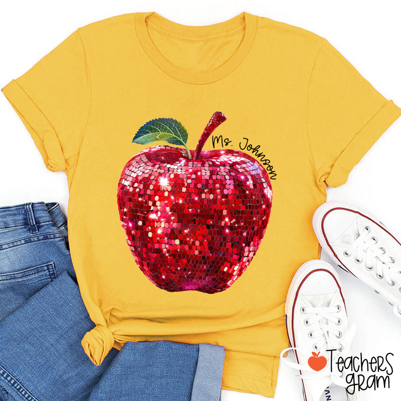 Personalized Red Glitter Apple And Name Teacher T-Shirt