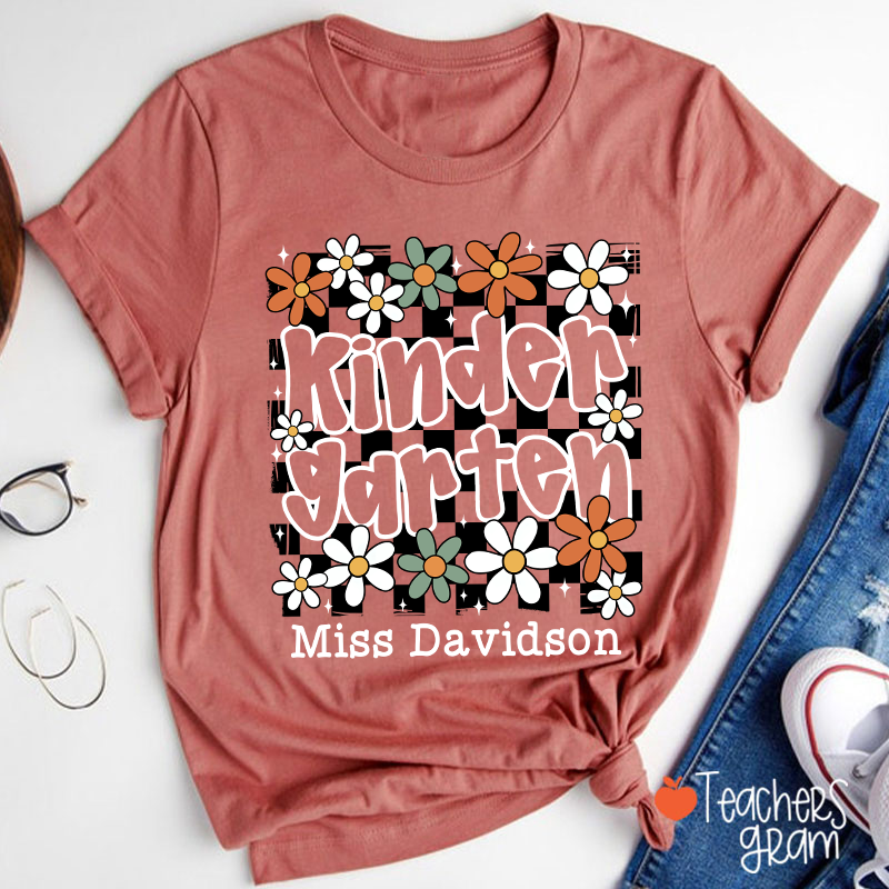 Personalized Text And Name Checkered Flowers Teacher T-Shirt