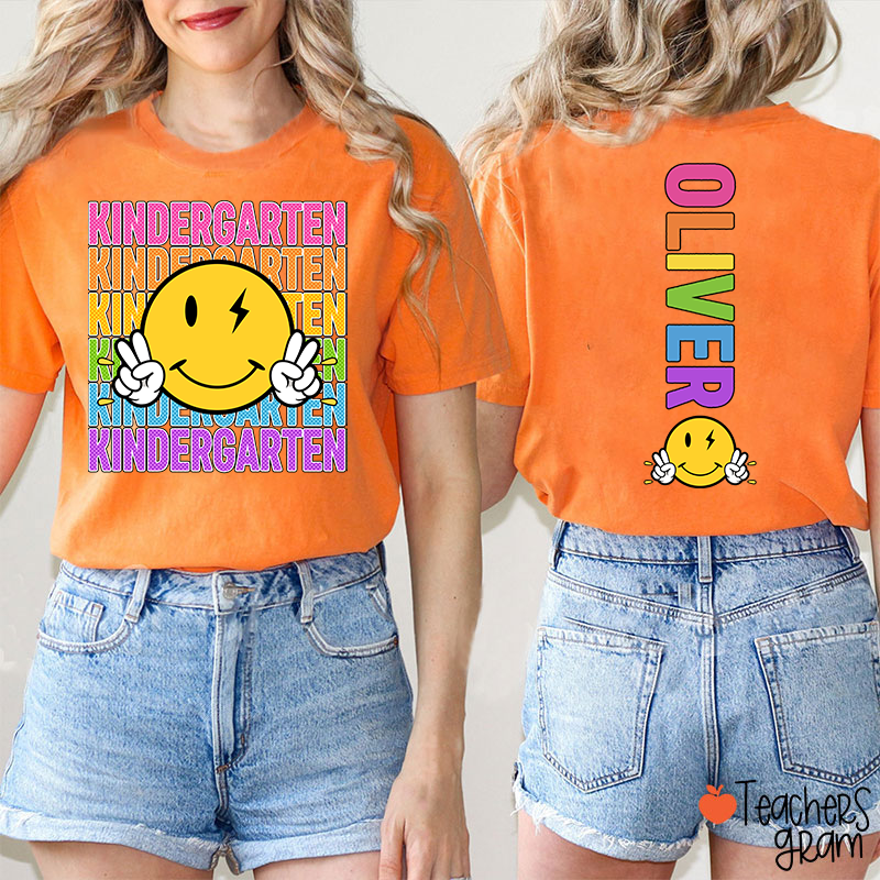 Personalized Grade And Name Smiley Face Teacher Two Sided T-Shirt