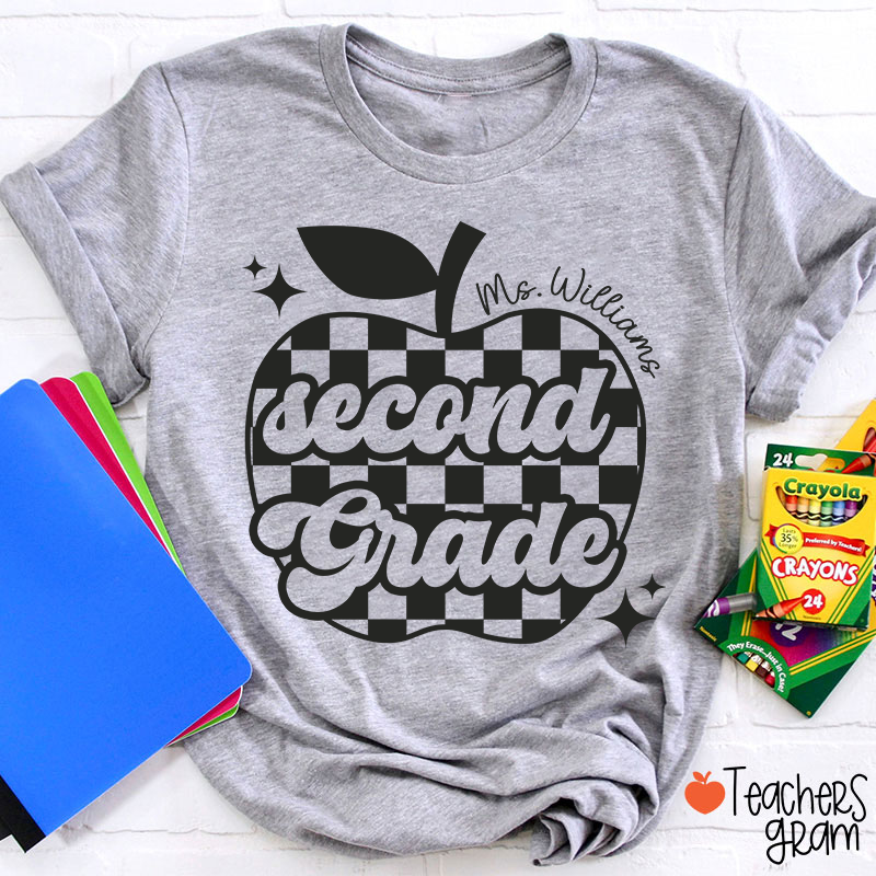 Personalized Black And White Checkerboard Apple And Name Teacher T-Shirt