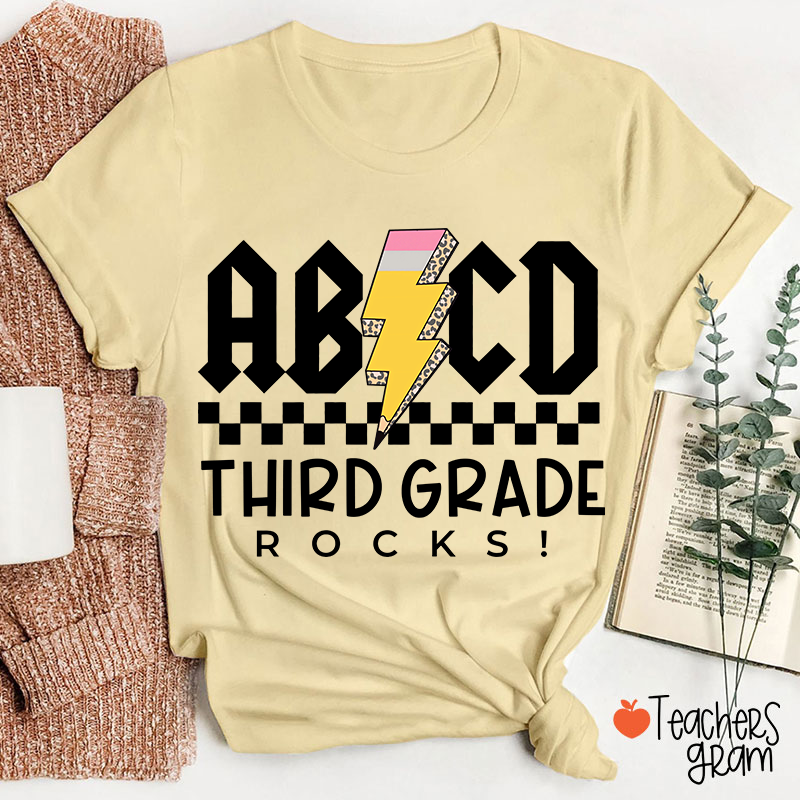 Personalized Grade Lightning Pencil Checkerboard Teacher T-Shirt