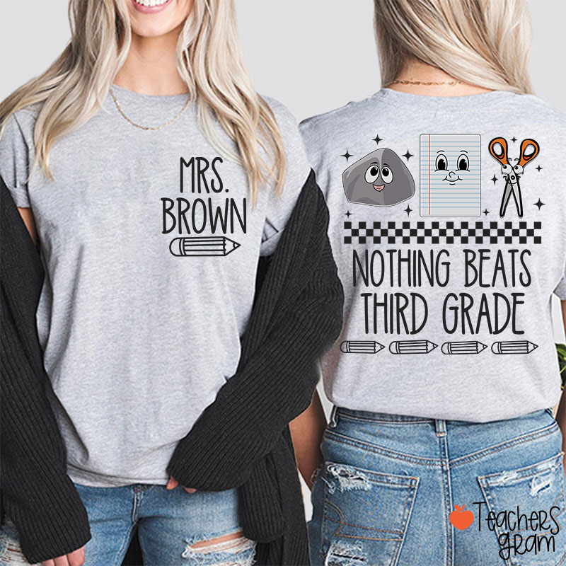 Personalized Grade Name Pencil Rock Checkerboard Notebook Scissors Teacher Two Sided T-Shirt