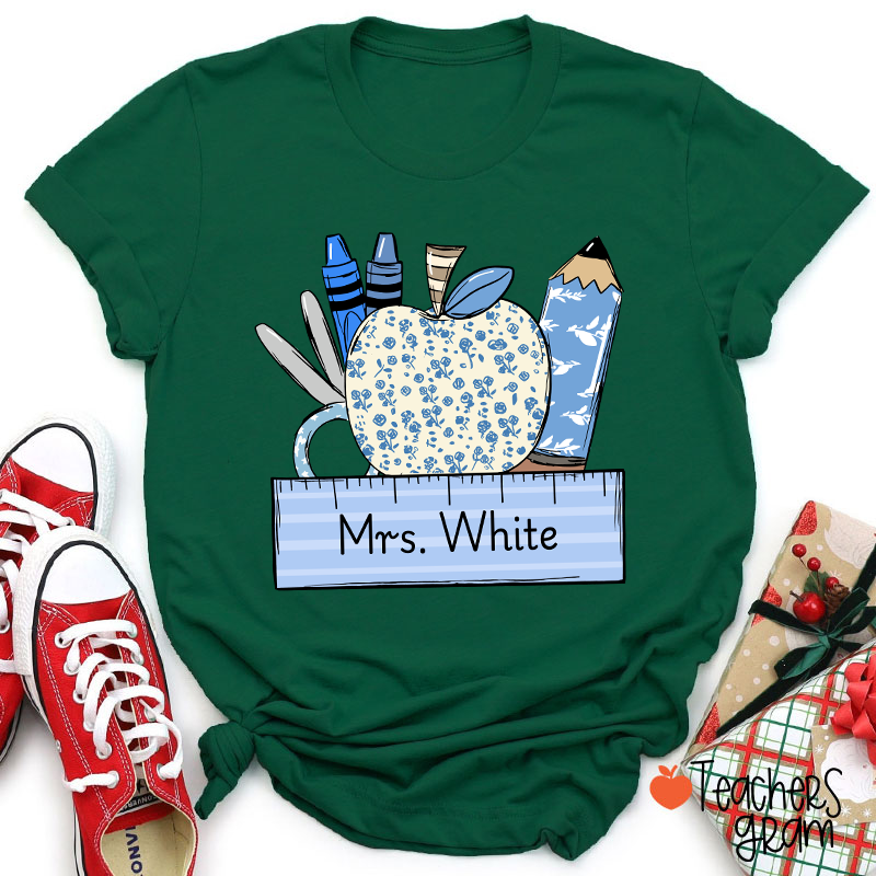 Personalized Name Blue Apple Pencil Crayon Scissors Ruler Teacher T-Shirt