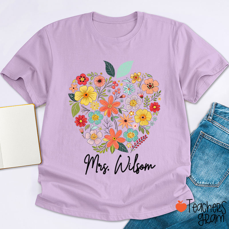 Personalized Floral Apple Name Teacher T-Shirt